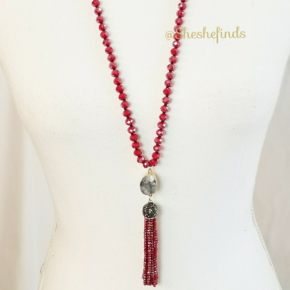 (RED) Druzy Tassel Necklace With Red Crystal Beads
